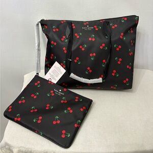 Kate Spade New York Packable Tote The Little Bette nylon cherry pattern.